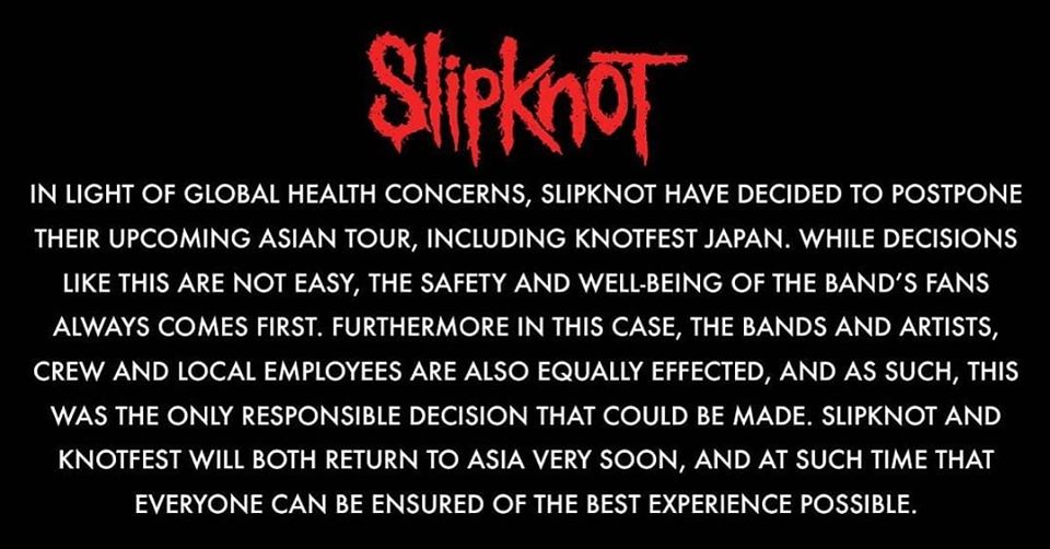 Slipknot Postpones Knotfest Japan Asia Tour Over Coronavirus Concerns Ghost Cult Magazineghost Cult Magazine